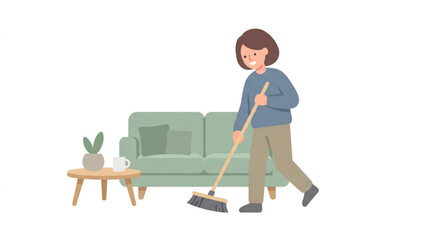 Fototapeta premium Woman actively sweeping floor with broom near sofa and coffee table indoors.