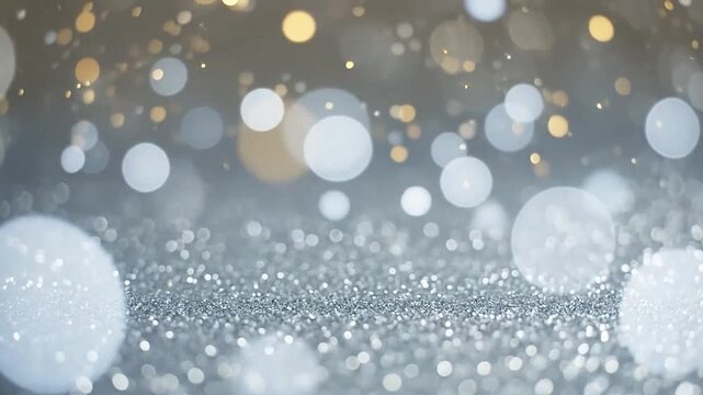 A festive silver background with shimmering bokeh lights and sparkling texture