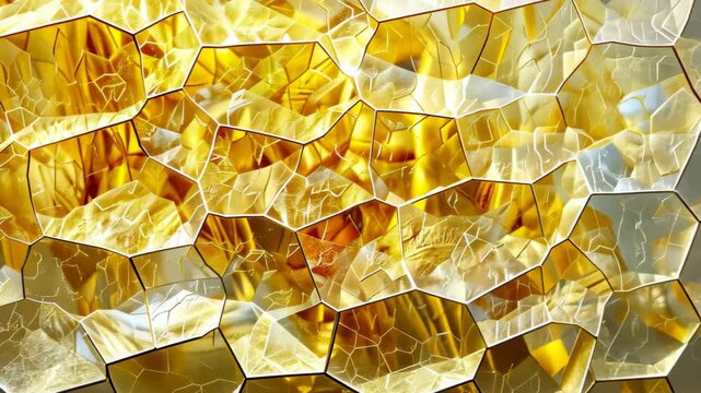 Golden Crystal Mosaic: An abstract background composed of shimmering golden hexagonal crystals, resembling a textured mosaic with reflections and light play.