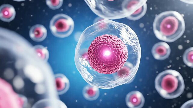 Microscopic 3D rendering of biological cells on blue background. 4K Video