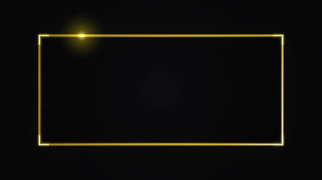 Golden rectangle frame glowing with light effect on a dark textured background, luxury border for design and overlay