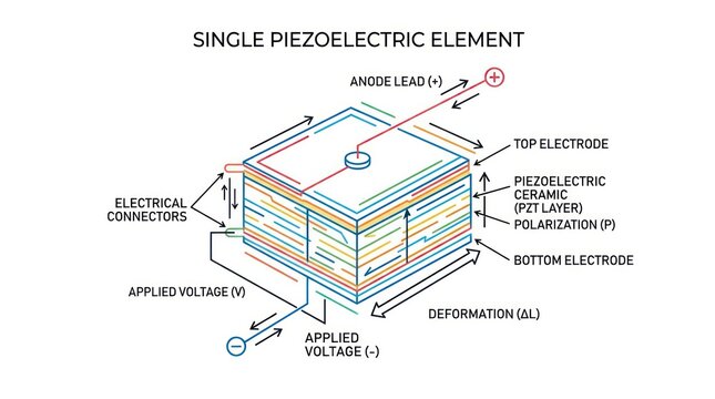 Diagram showing single piezoelectric element structure with voltage and leads components.