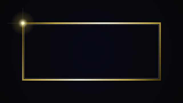 Golden rectangle frame with lens flare and bokeh overlay on dark background, elegant border element