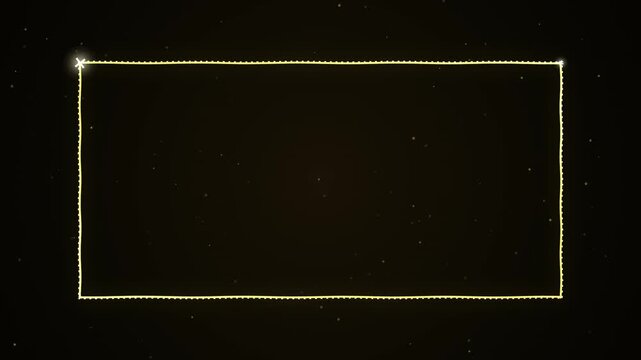 golden ornate rectangle frame border with sparkling glitter particles on a dark background, elegant decorative element