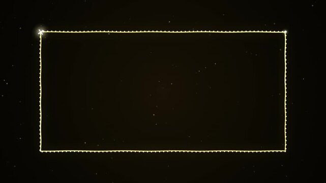 Elegant golden rectangle frame with sparkling particles and bokeh effects, luxurious border for event invitations or luxury branding