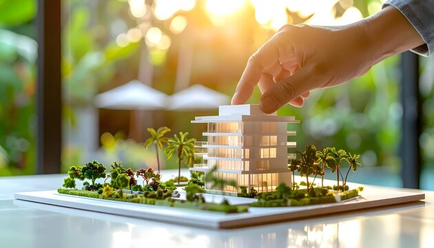 Hand positioning a modern architectural building model on a miniature landscape, symbolizing property development, urban planning, and future investment strategies