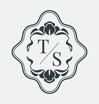 Elegant wedding monogram with initials T and S, floral ornaments and decorative symmetrical frame in black on white background. Vector illustration