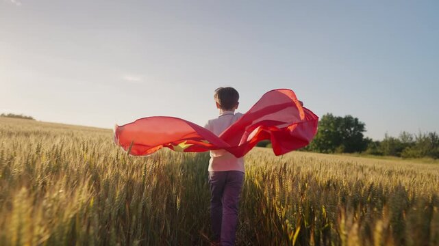 Happy Little Boy Chinese Patriot Child Runs With National China Flag. Countryside open area nature background. Celebration banner, holidays, Labour, Children's Day, New Year.