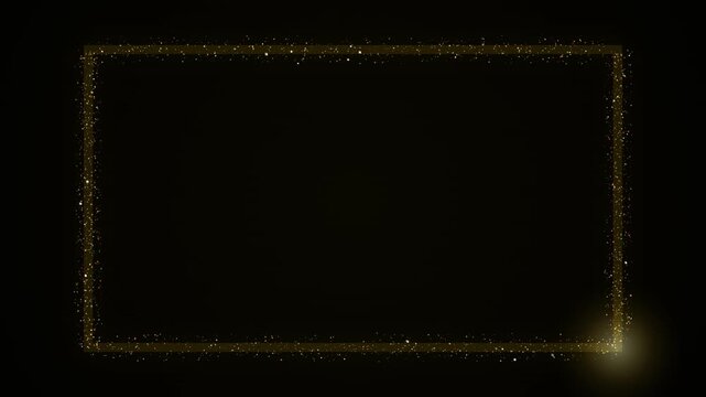golden glitter rectangle frame on dark background, glowing particles, festive border, luxury celebration
