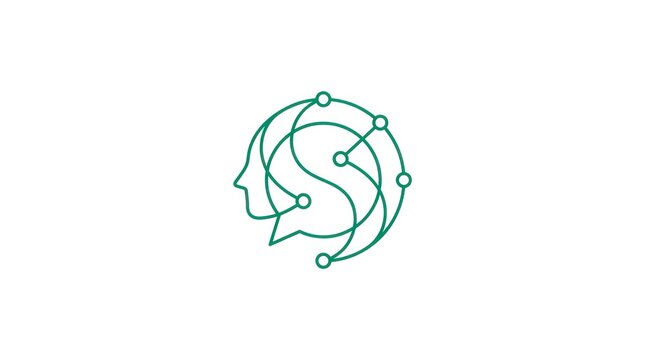 Abstract human head silhouette connection node network concept linear green tech graphic.