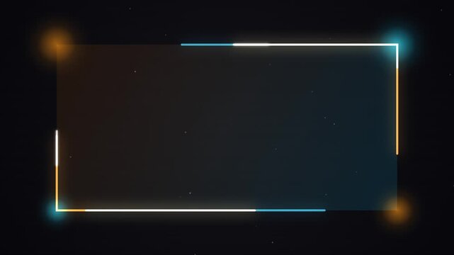 futuristic glowing rectangle frame with animated particles on a dark grid background, modern technology interface