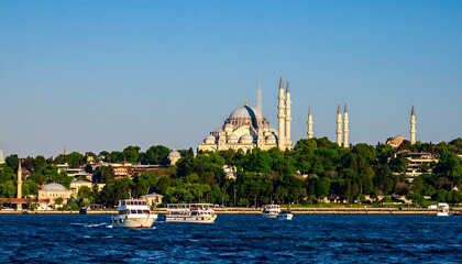 Naklejka premium Mosque Overlooking Harbor with Boats on Water