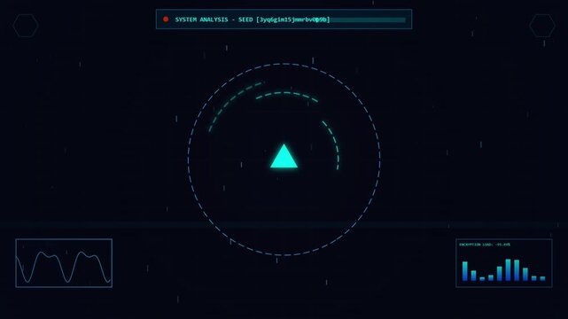 Digital futuristic interface with target reticle, data charts, and progress bar, blue and teal glowing elements on dark grid background, technology and analytics concept