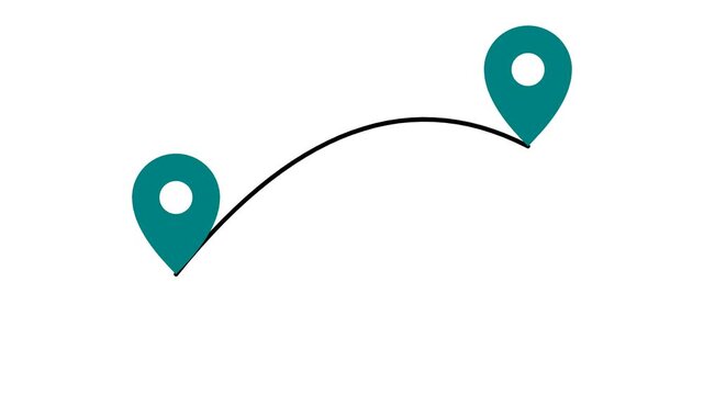 Animated Travel Route with Two Teal Location Pin Markers and Curved Connection Line on White Background