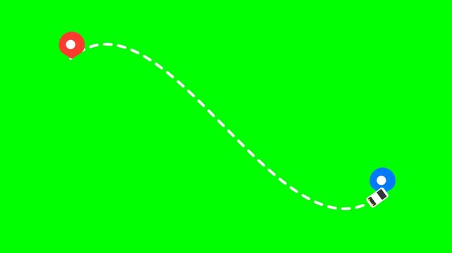 Animated Car Icon Moving Along Dashed Route Between Red and Blue GPS Location Pins on Green Screen
