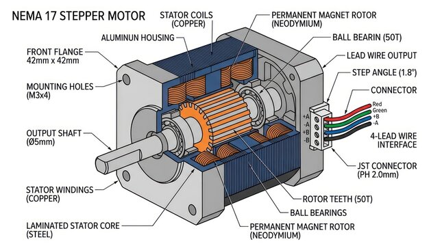 Technical illustration of nema 17 stepper motor showing internal components and structure.