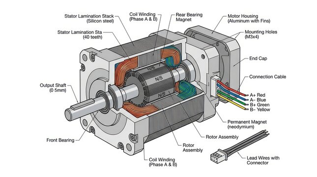 Detailed engineering drawing of stepper motor components with wires and connector labels.