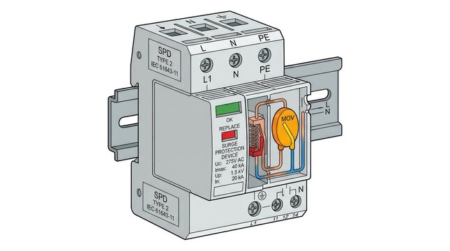 Internal view of modular surge protection device showing mov component on din rail mount.
