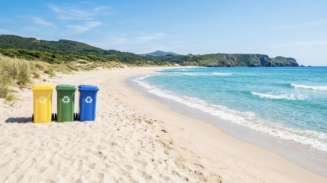 Clean Sandy Beach with Recycling Bins