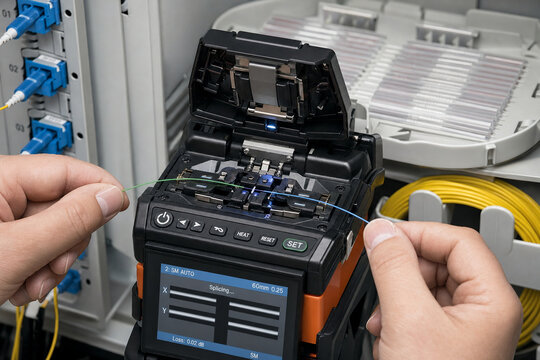 Technician hands align optical fiber cables in a fusion splicer inside a telecommunications network cabinet with connectors and cable coils.