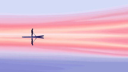 Naklejka premium Person paddling on calm water at sunset pastel sky