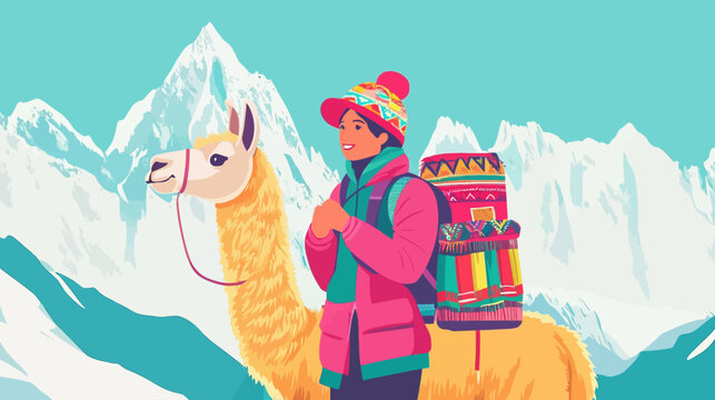 Person and llama trekking in snowy mountain landscape