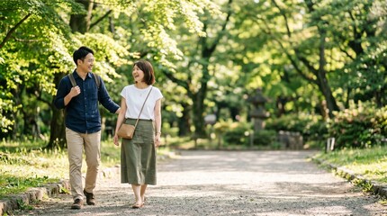 Obraz premium 晴れた日の公園を散歩する仲の良い夫婦の自然な笑顔