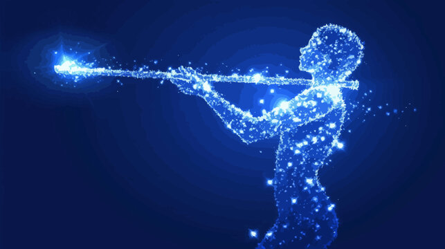 Digital musician playing flute with light particles