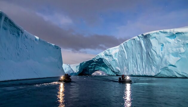 Boats Navigating Through Icy Waters with Large Icebergs
