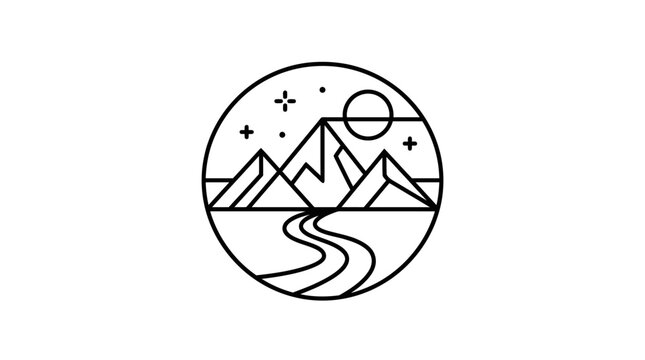 Minimalist circular line art mountain landscape icon featuring a river and night sky stars