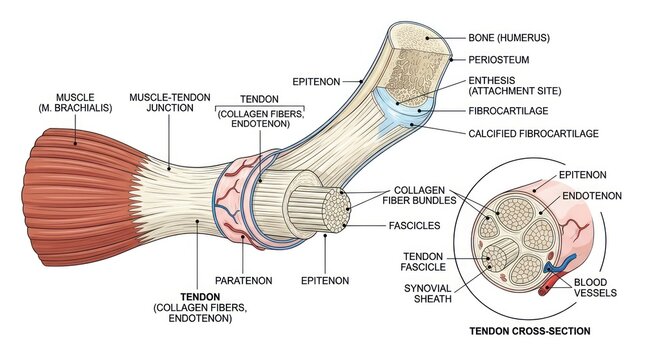Medical drawing of muscle tendon unit anatomy with cross section and bone attachment point.