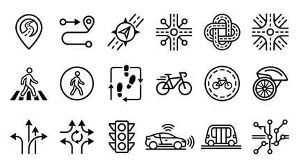 Fototapeta premium Collection of linear transport and navigation icons representing road systems, urban mobility, traffic management, and pedestrian route direction