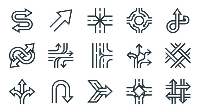 Set of road traffic direction icons with arrows showing intersections, roundabouts, u-turns, and merging lanes for navigation and transport concepts