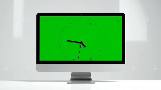A modern computer monitor displays a green screen with a clock face overlay