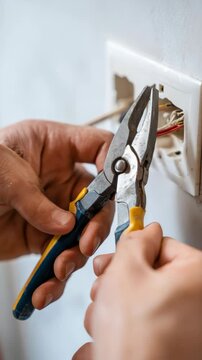 An electrician with pliers in hand, fixing an electrical outlet on the wall.