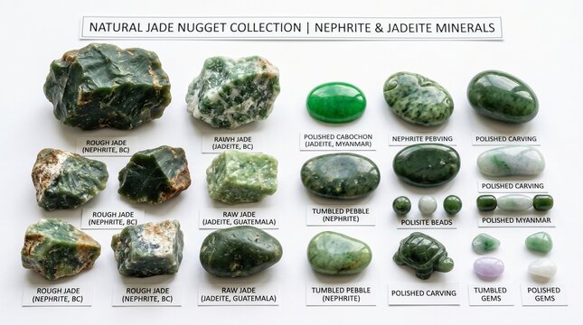 Collection of Natural Jade Nugget Minerals Nephrite and Jadeite.