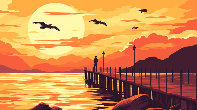 Serene sunset over water with silhouette figure on pier