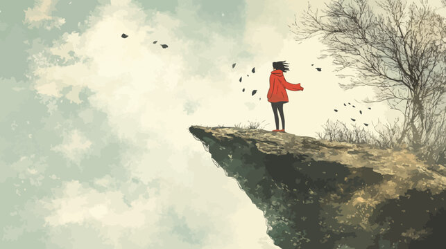 Person standing on cliff edge facing wind and falling leaves