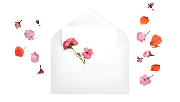 A white envelope holds a blank card, adorned with pink flowers. Scattered petals and buds float around on a white background