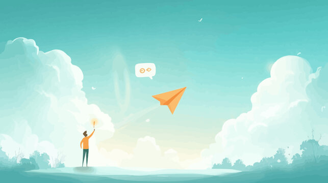 Person launches paper airplane into bright sky with clouds