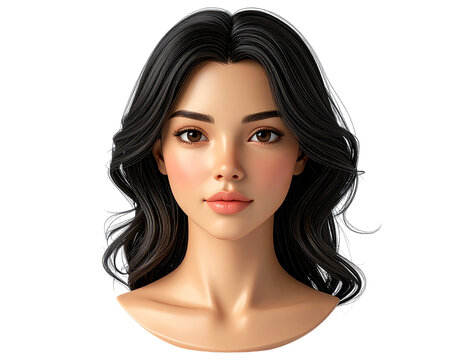 Woman with long black hair and brown wearing black wig with bangs.