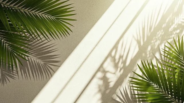 Green palm leaves cast soft shadows on a textured beige wall surface