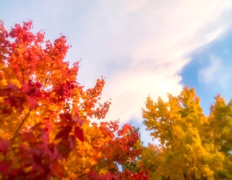 Vibrant Autumn Leaves on Trees Under a Blue Sky with Clouds