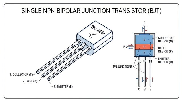 Illustration showing physical structure of npn bipolar junction transistor 2n2222a unit.