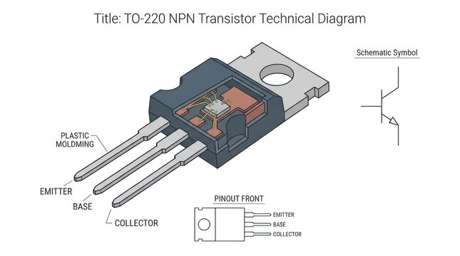 Technical diagram showing structure and pinout configuration of to 220 transistor unit.