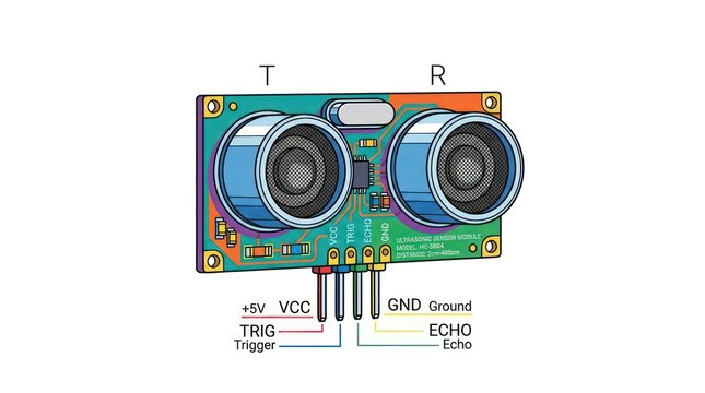 Ultrasonic distance sensor module with wiring pin labels isolated on white background.