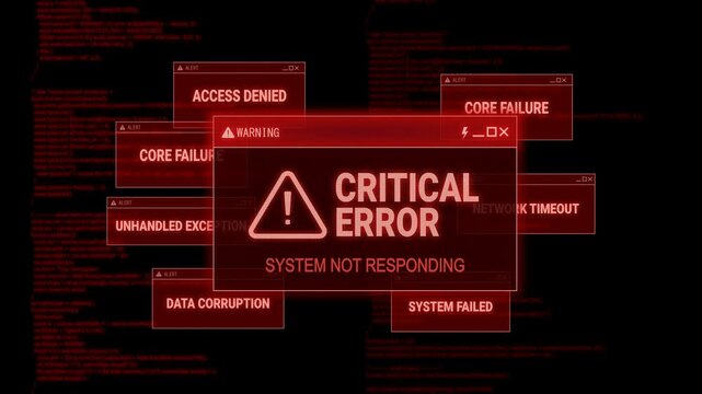 Critical error system crash animation with red warning popups, glitch effects and digital interface. Ideal for cybersecurity, hacking, computer failure and tech videos.