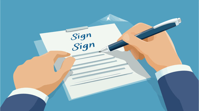 Hand signing document with pen on clipboard