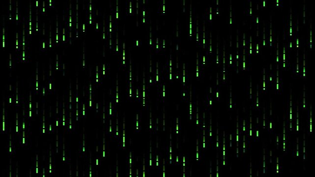 Falling digital rain of green and yellow lines and blocks on a black background, data stream effect, technology concept