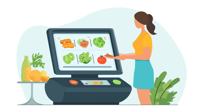 Woman ordering food using digital self service kiosk